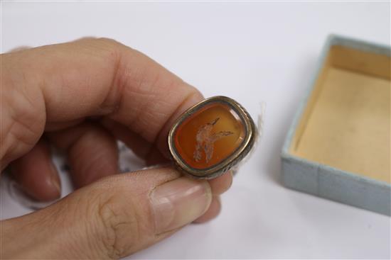 A 9ct gold mounted oval intaglio pendant and other items including seals and a ring.